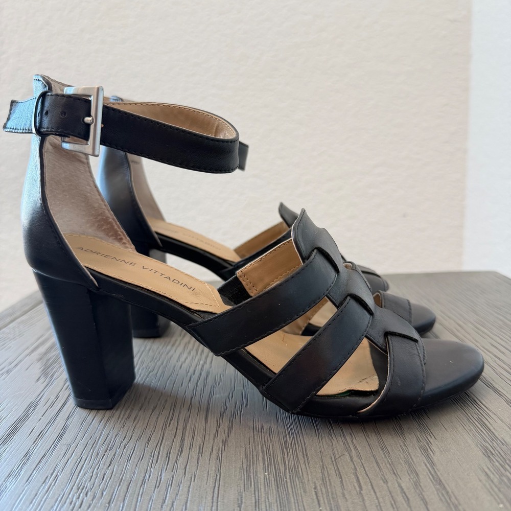 Adrienne Vittadini Belinda Black Leather Caged Block Heel Sandals Size 7.5‎